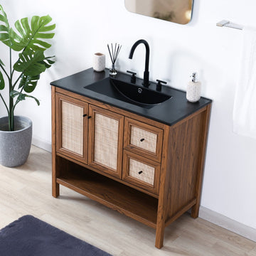 Jasper Rattan Modern Coastal 2-Shelf Bath Vanity Cabinet Only (Sink Basin Not Included)